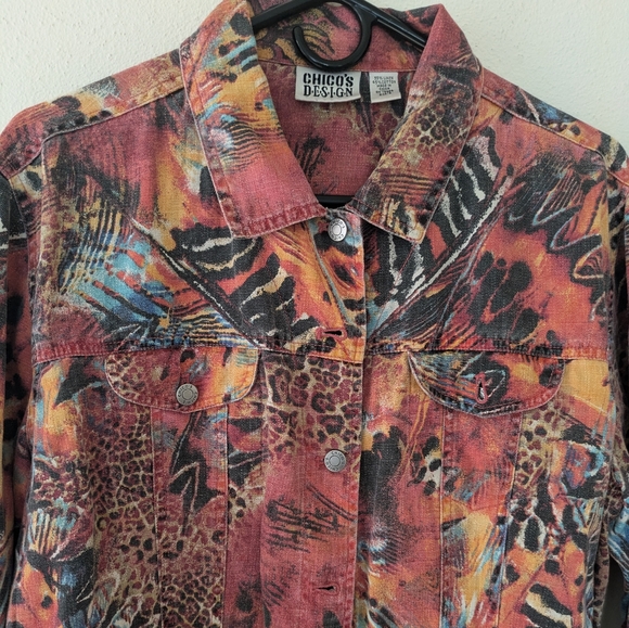 Vintage Chico's Design Colorful Animal Print Linen/Cotton Jacket sz XL Southwest - Picture 5 of 8